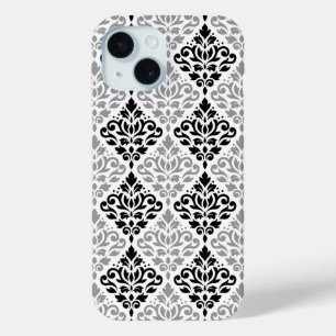 Coque Pour iPhone 15 Défiler Damask Grand Motif noir gris blanc