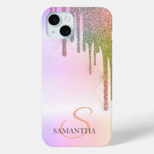 Coque iPhone 15 Mini Dégradé de gouttes de paillettes arc-en-ciel éléga