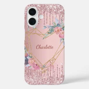 Coque Pour iPhone 16 Dégustation florale rose pâle nom monogramme