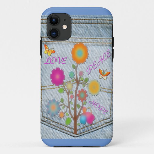 Coques Case-Mate iPhone Denim Back Fleurs de poche Paix Aimer Espoir (Dos)
