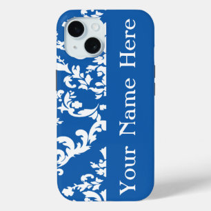 Coque Pour iPhone 15 Denim Blue Bold Damask avec nom @ Emporiomoffa