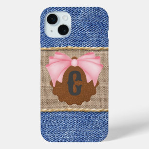 Coque iPhone 15 Mini Denim & Cuir personnalisés avec Bow rose