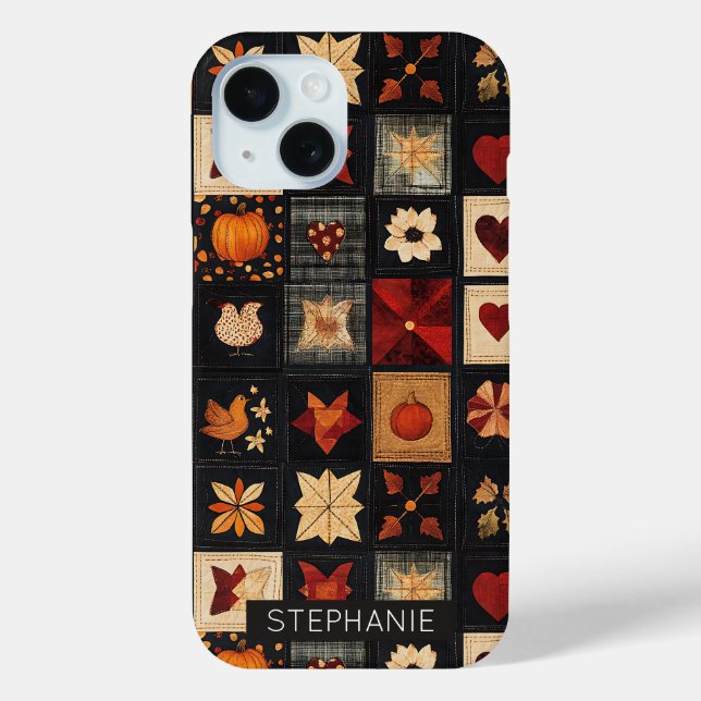 Coques Case-Mate iPhone Denim Folk Art Quilt Motif | Patch d'automne rusti (Verso)