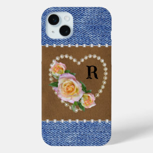 Coque iPhone 15 Mini Denim Ouest, Cuir, Perles & Roses