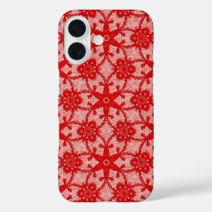 Coques iPhone 16 Dentelle antique - rouge profond et blanc