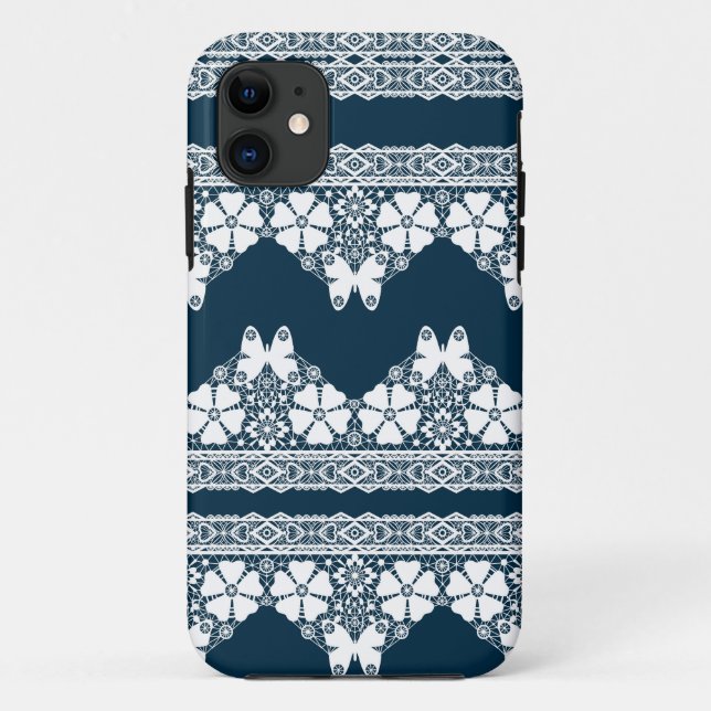 Coques Case-Mate iPhone Dentelle blanche rétro avec papillons sur un bleu  (Dos)