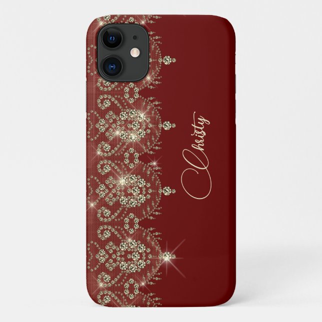 Coques Case-Mate iPhone Dentelle Bourgogne rouge et or élégant brillant (Dos)