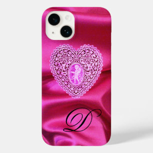 COQUE POUR iPhone 14 DENTELLE DE CUPIDON COEUR SOIE ROSE FUCHSIA TISSU 
