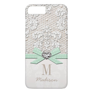 Coque iPhone 7 Plus Dentelle de fausse pierre et coeur d'arc imprimés