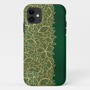 Coques Pour iPhone Dentelle d'or de feuille sur l'arrière - plan vert