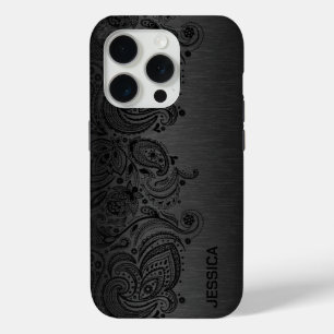 Coque iPhone 15 Pro Dentelle en cachemire noir arrière - plan métalliq