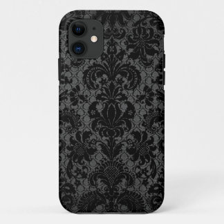 Coque iPhone 11 dentelle fausse motif damassé noir gris