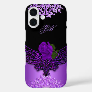 Coques iPhone 16 Dentelle florale Rose violette Noire