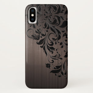 Coque iPhone X Dentelle noire sur Arrière - plan métallique Brown