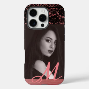 Coques iPhone 16 Pro Dentelle noire sur or Rose - Photo personnalisée e