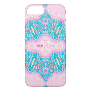 Coque iPhone 8/7 Dentelle rose fractale Nom du monogramme