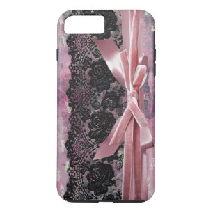 Coque iPhone 7 Plus Dentelle vintage noire -points- ruban rose