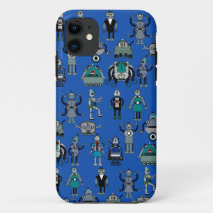 Coques Pour iPhone Des robots ! Robots rétro Vintages Geeks sur Blue