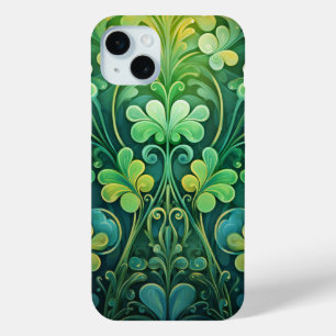 COQUE iPhone 15 MINI DES TONS ORNATES DE SHAMROCKS IRLANDAIS VERTS & OR