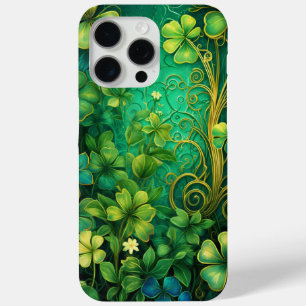 COQUE iPhone 15 PRO MAX DES TONS ORNATES DE SHAMROCKS IRLANDAIS VERTS & OR
