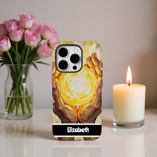Coques iPhone 16 Pro Design d'art jaune rayonnant avec les mains