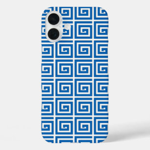 iPhone 16 Plus Case Design de clé grecque - look émail bleu et blanc