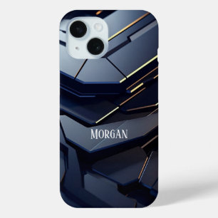 Coque Pour iPhone 15 Design géométrique moderne noir et gris, nom blanc