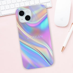 Coque Pour iPhone 15 Design Iridescendant, Nom de texte blanc classique