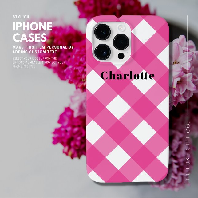 Coques Case-Mate iPhone Design moderne Simple Rose En vichy avec nom (Créateur téléchargé)