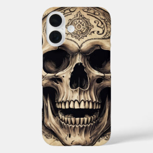 Coque Pour iPhone 16 Dessin à l'encre d'une tête de mort sur la couvert