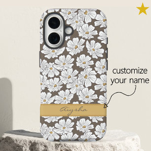 Coque Pour iPhone 16 Dessin de fleur blanche rustique avec nom personna