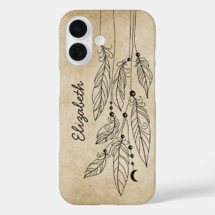 Coque Pour iPhone 16 Dessin de plumes bohèmes Fond vintage