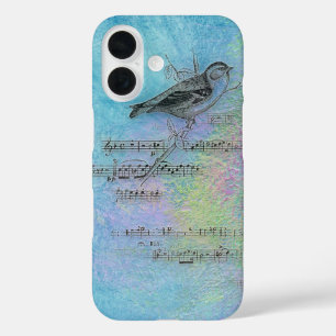 Coques iPhone 16 dessin d'oiseaux et de musique sur l'aquarelle