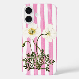 Coque Pour iPhone 16 Deux coquelicots blancs sur des rayures de denim r