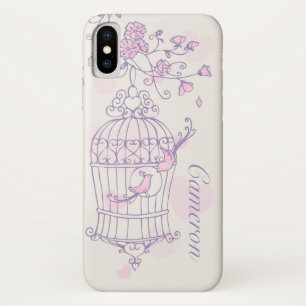 Coque iPhone X Deux oiseaux et cages rose & pourpre nom