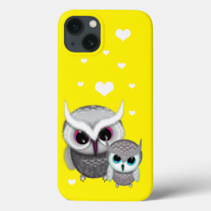 Case-Mate iPhone Case Deux Petits Chouettes et Coeurs sur Jaune Lumineux