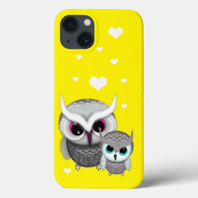 Coques Case-Mate iPhone Deux Petits Chouettes et Coeurs sur Jaune Lumineux (Verso)