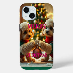 COQUE POUR iPhone 15 DEUX POODLES FÊTANT NOËL