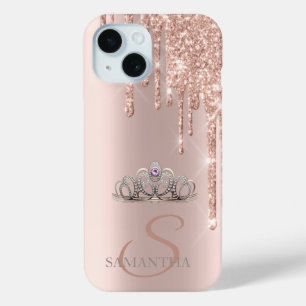 Coque Pour iPhone 15 Diadème Élégant Chic Rose Doré Paillettes Gouttes
