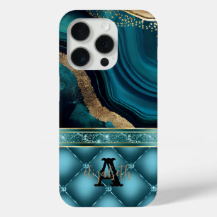 Coque iPhone 15 Pro Diamants de marbre d'agate sarcelle paillettes d'o