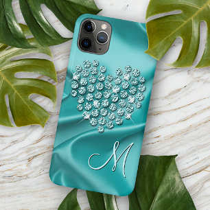 Coque iPhone 15 Mini Diamants Turquoise Aqua Personnalisés Motif Cœur A
