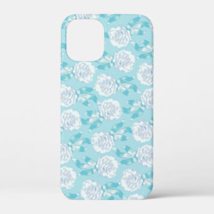 Coque iPhone 12 Mini Dianthus blanc oeillets bleu aqua