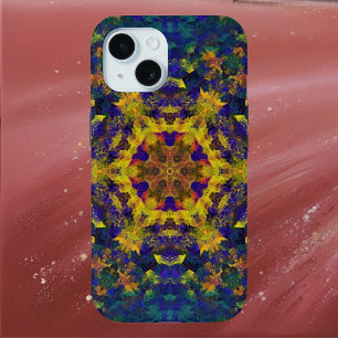 Coque Pour iPhone 15 Digital Mandala jaune bleu et vert