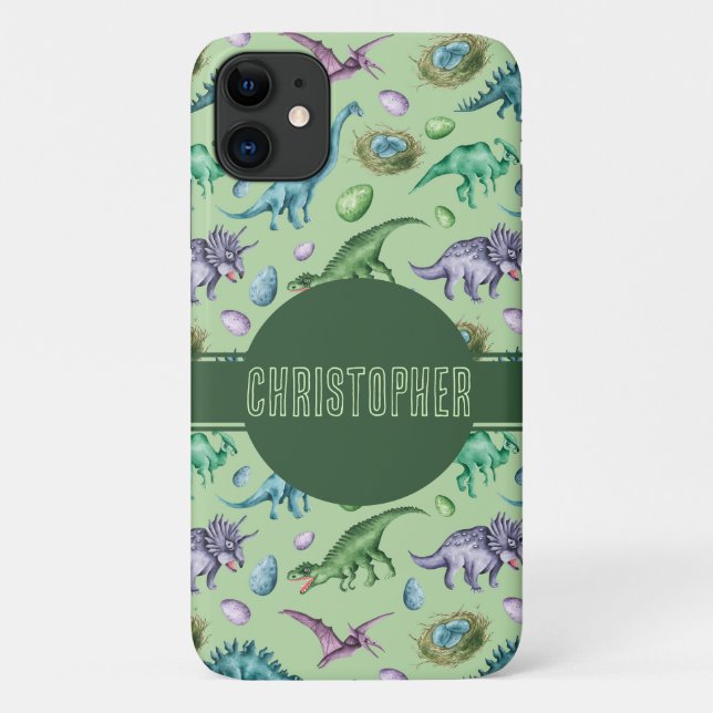 Coques Case-Mate iPhone Dinosaure jurassique à grillage vert avec nom (Dos)
