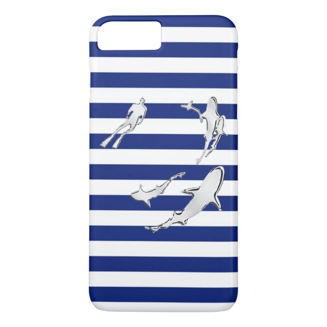 Coques Case-Mate iPhone Diver and Sharks on Nautical Stripes (Dos)