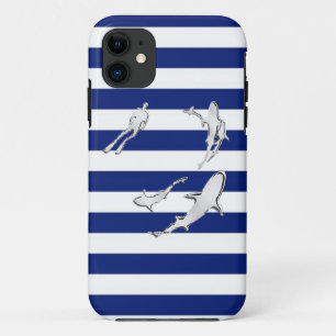 Coque iPhone 11 Diver and Sharks Silhouettes on Nautical Stripes