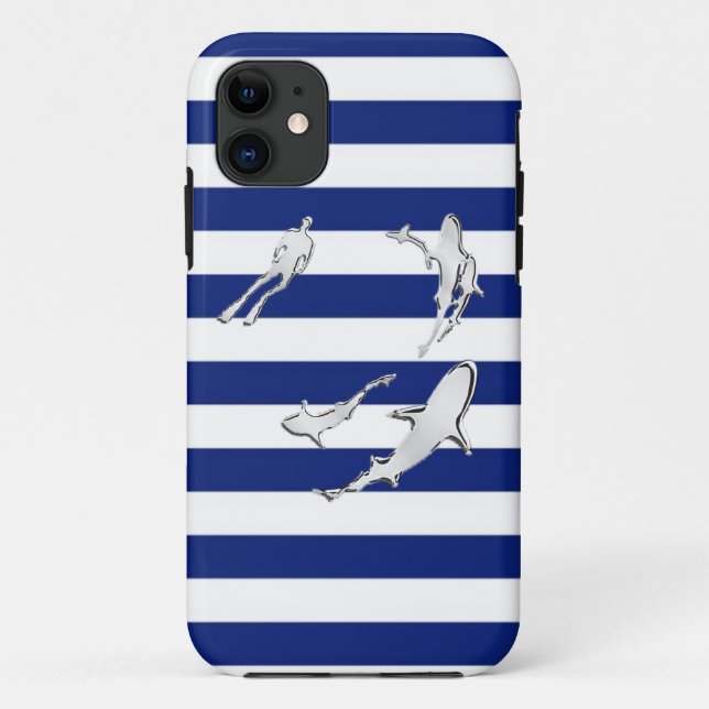 Coques Case-Mate iPhone Diver and Sharks Silhouettes on Nautical Stripes (Dos)
