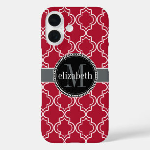 Coques iPhone 16 Dk Berry Rouge noir Quatrefoil marocain Monogramme