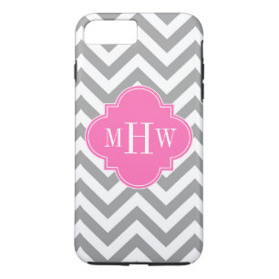 Coque iPhone 8 Plus/7 Plus Dk Gray Lg Chevron Hot Pink Quatrefoil 3 monogram