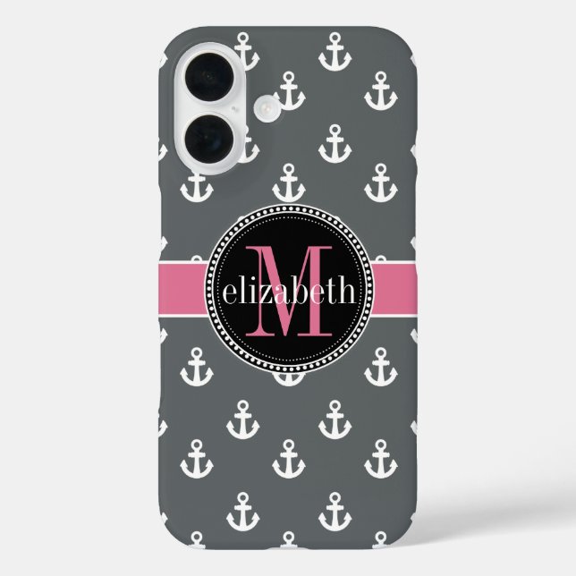Coques Case-Mate iPhone Dk Grey White Rose Ancres de navire Monogramme (Verso)